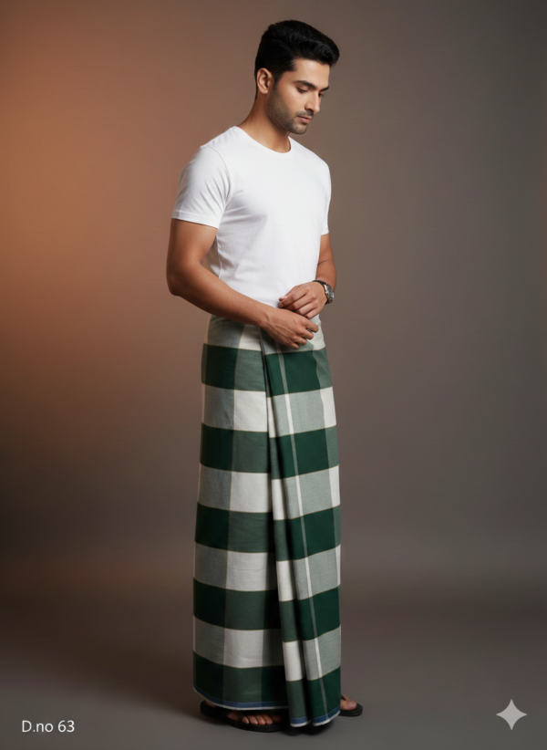 Men's Natural Polyester Lungi - Forest Green & White Check (2.25 Meters) - D.no. 63