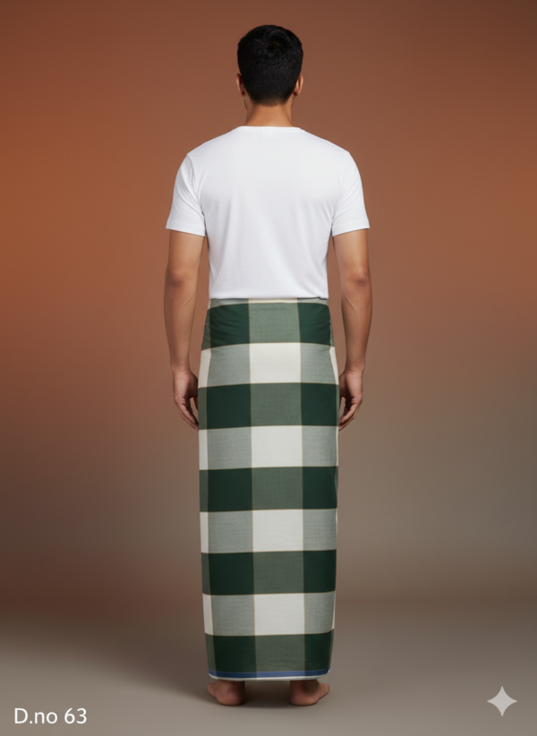 Men's Natural Polyester Lungi - Forest Green & White Check (2.25 Meters) - D.no. 63