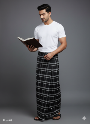 Men's Bold Polyester Lungi - Black with White Grid Check (2.25 Meters) - D.no. 64