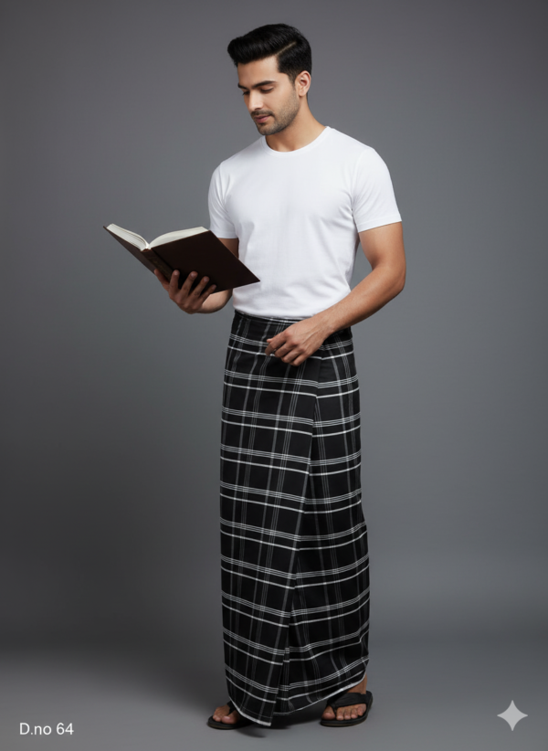 Men's Bold Polyester Lungi - Black with White Grid Check (2.25 Meters) - D.no. 64