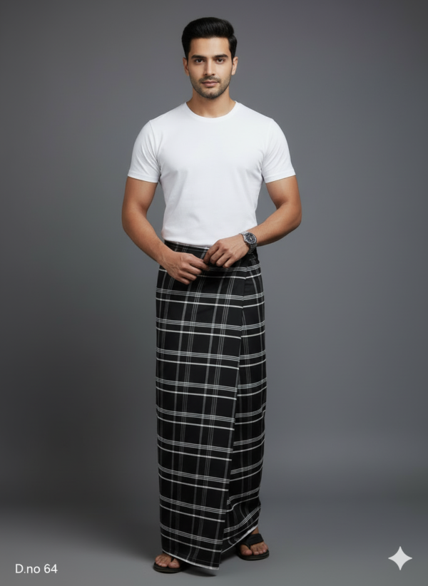 Men's Bold Polyester Lungi - Black with White Grid Check (2.25 Meters) - D.no. 64