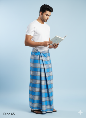 Men's Breezy Polyester Lungi - Sky Blue & Grey Check (2.25 Meters) - D.no. 65