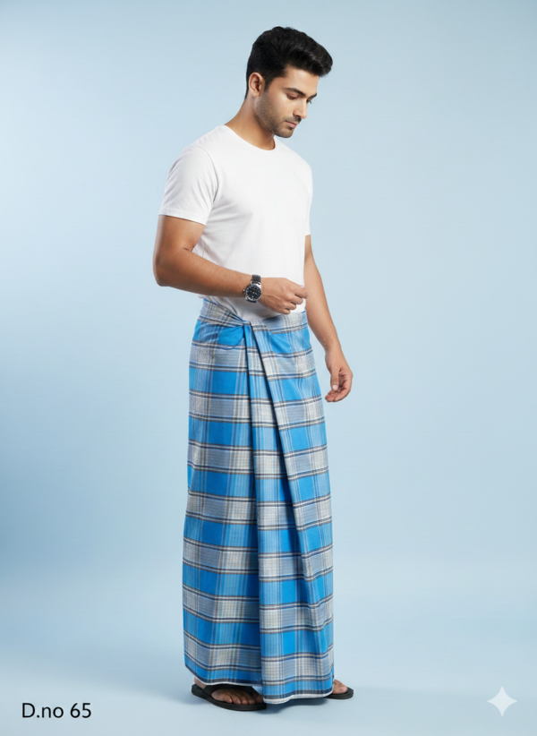 Men's Breezy Polyester Lungi - Sky Blue & Grey Check (2.25 Meters) - D.no. 65