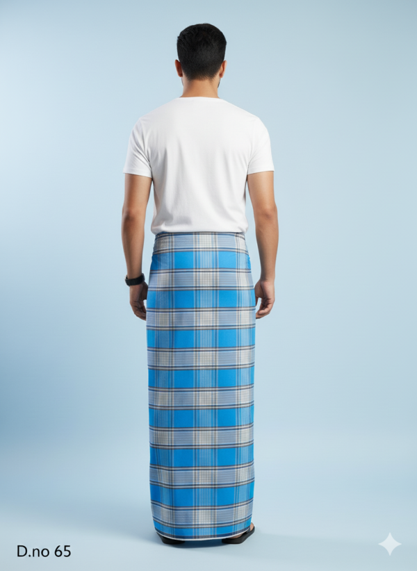 Men's Breezy Polyester Lungi - Sky Blue & Grey Check (2.25 Meters) - D.no. 65