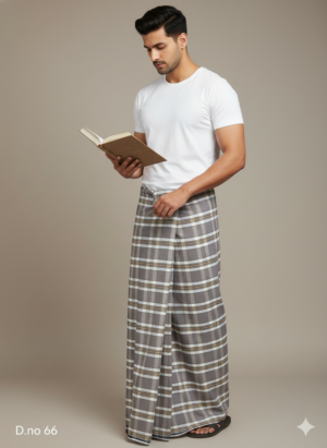 Men's Classic Polyester Lungi - Grey & Beige Check (2.25 Meters) - D.no. 66