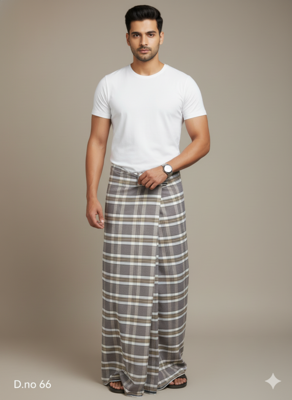Men's Classic Polyester Lungi - Grey & Beige Check (2.25 Meters) - D.no. 66