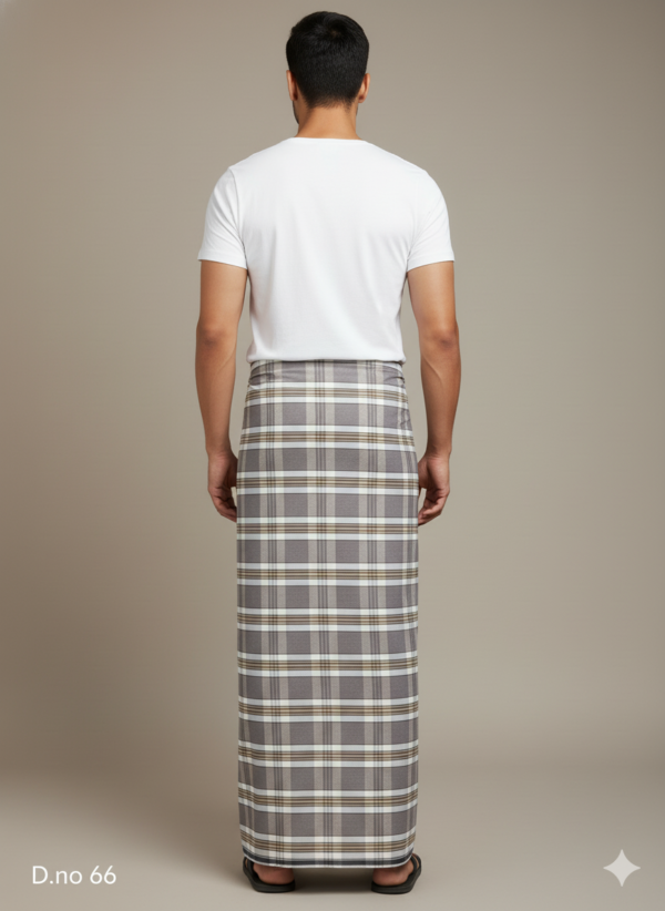 Men's Classic Polyester Lungi - Grey & Beige Check (2.25 Meters) - D.no. 66