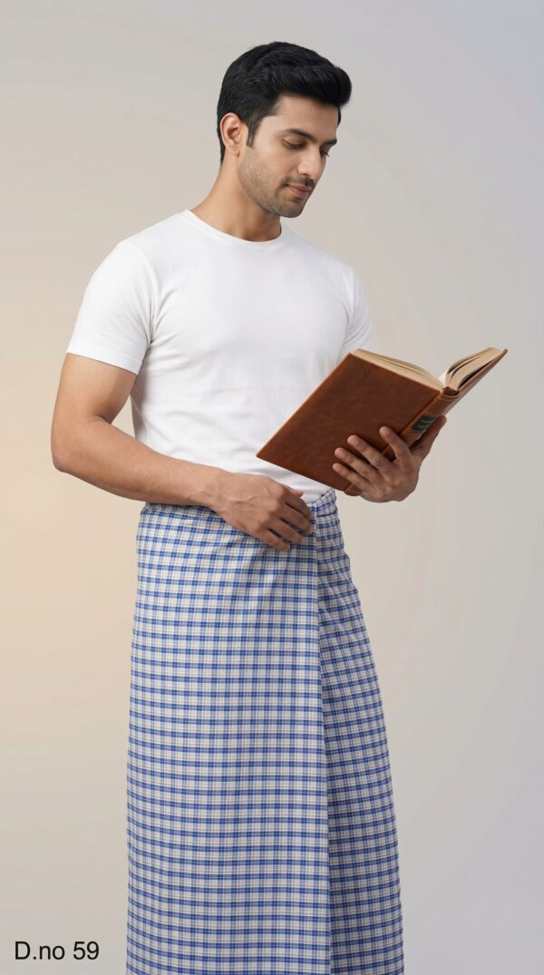Men's Breezy Polyester Lungi - White with Blue & Grey Check (2.25 Meters) - D.no. 59
