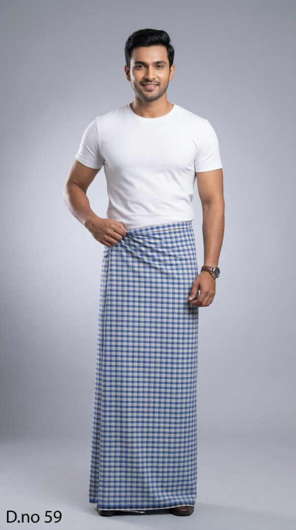 Men's Breezy Polyester Lungi - White with Blue & Grey Check (2.25 Meters) - D.no. 59