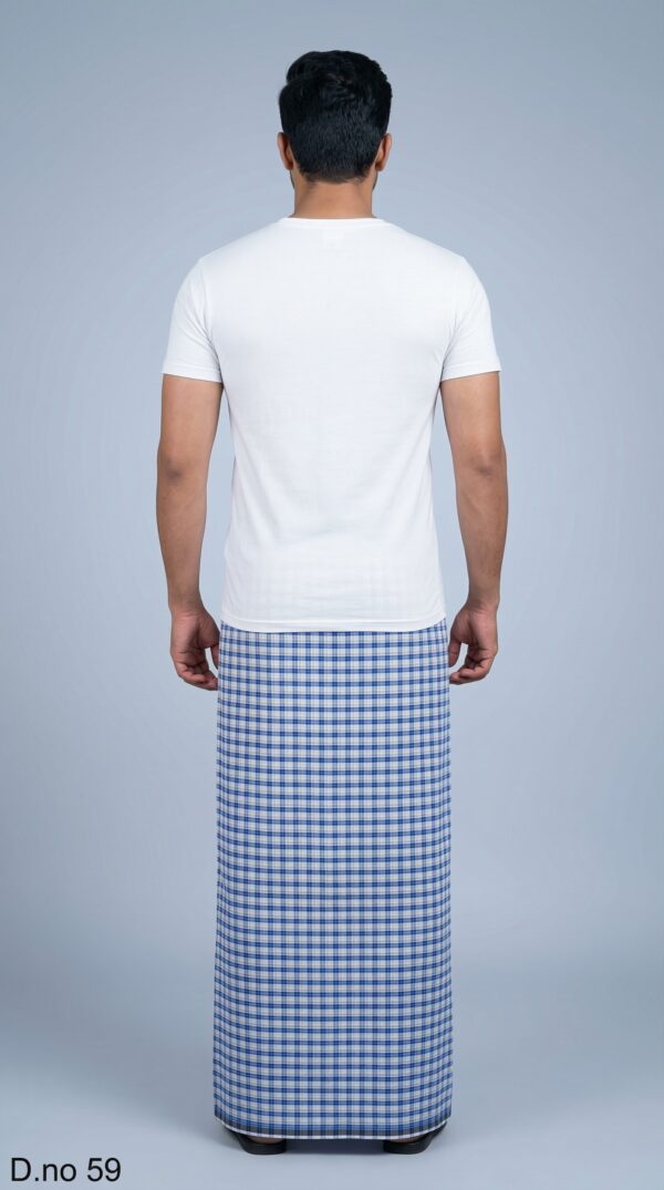 Men's Breezy Polyester Lungi - White with Blue & Grey Check (2.25 Meters) - D.no. 59
