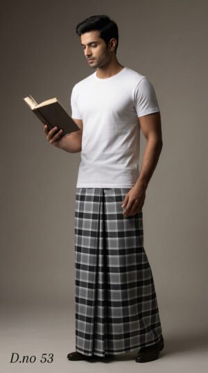 Men's Classic Polyester Lungi - Black & Grey Check (2.25 Meters) - D.no. 53