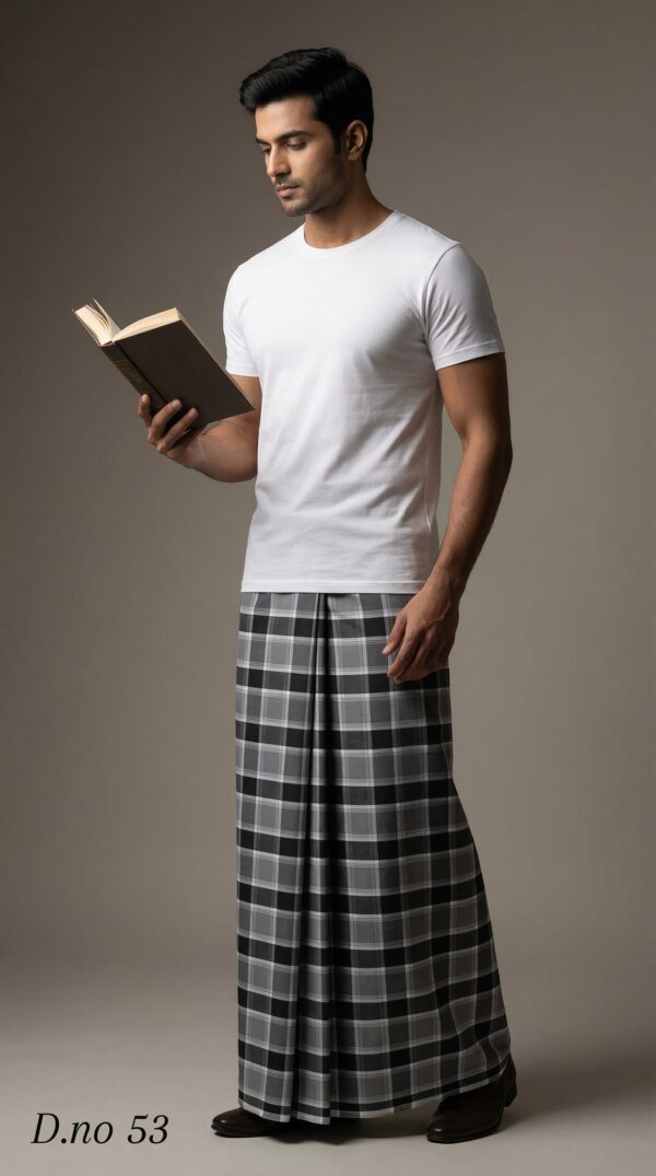 Men's Classic Polyester Lungi - Black & Grey Check (2.25 Meters) - D.no. 53