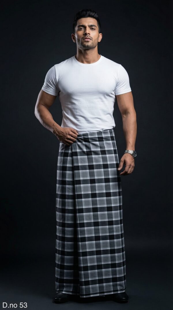 Men's Classic Polyester Lungi - Black & Grey Check (2.25 Meters) - D.no. 53