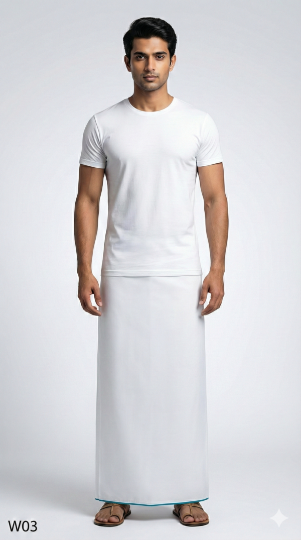 Men's Premium Cotton Lungi - Solid White with Minimalist Border (2.25 Meters) - W03