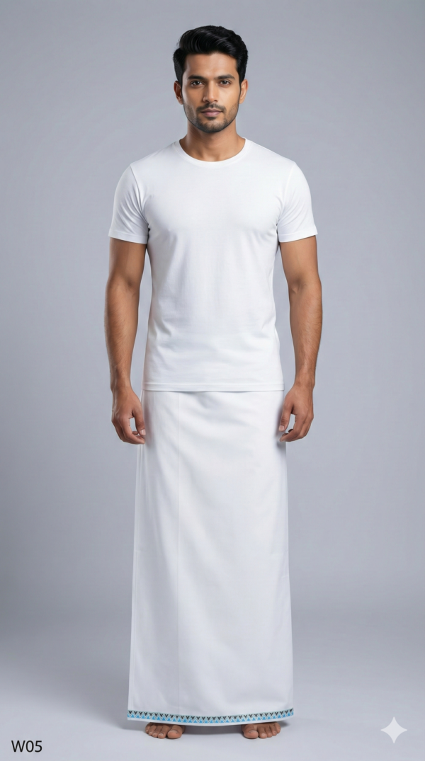Men's Premium Cotton Lungi - Solid White with Geometric Border (2.25 Meters) - W04