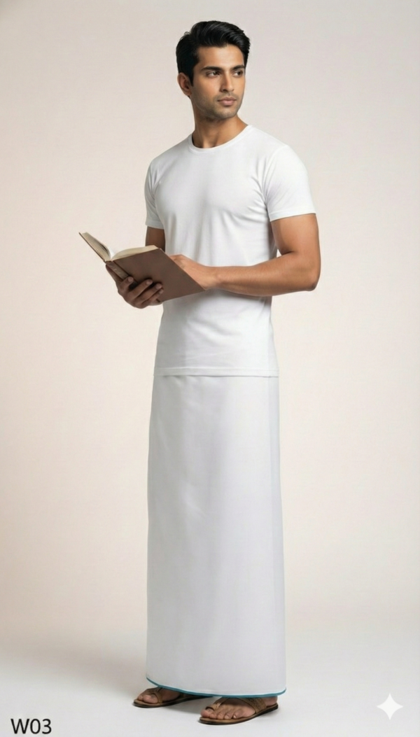 Men's Premium Cotton Lungi - Solid White with Minimalist Border (2.25 Meters) - W03