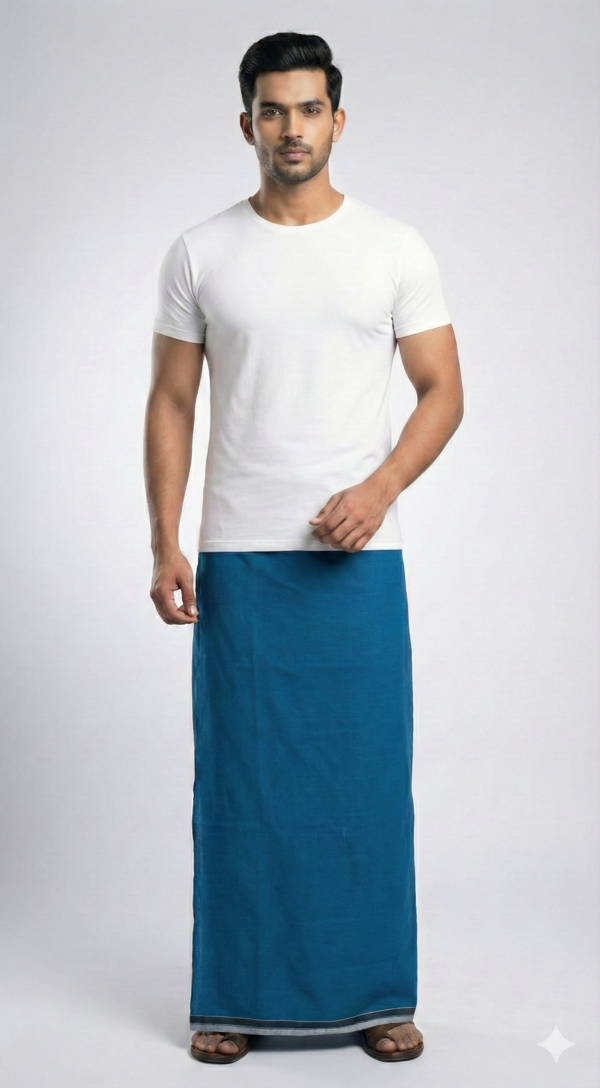 Men's Premium Cotton Lungi - Solid Peacock Blue (2.25 Meters) - C22