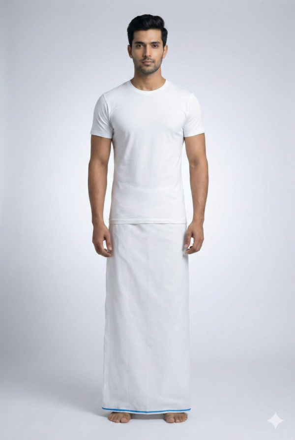 Men's Premium Cotton Lungi - Solid White with Sky Blue Border (2.25 Meters) - W05