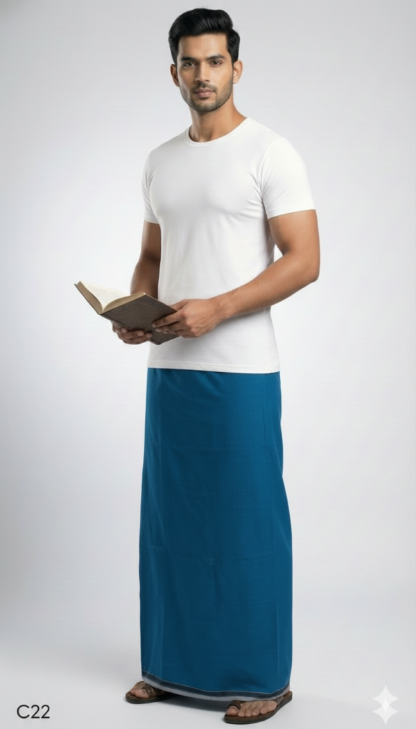 Men's Premium Cotton Lungi - Solid Peacock Blue (2.25 Meters) - C22