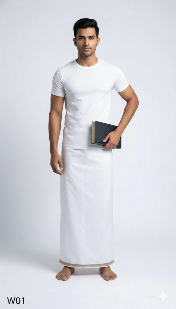 Men's Premium Cotton Lungi - Solid White with Elegant Border (2.25 Meters) - W01