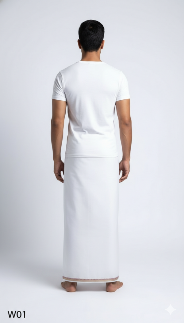 Men's Premium Cotton Lungi - Solid White with Elegant Border (2.25 Meters) - W01