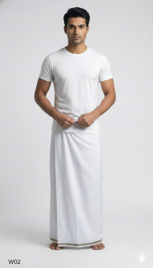 Men's Premium Cotton Lungi - Solid White with Traditional Border (2.25 Meters) - W02