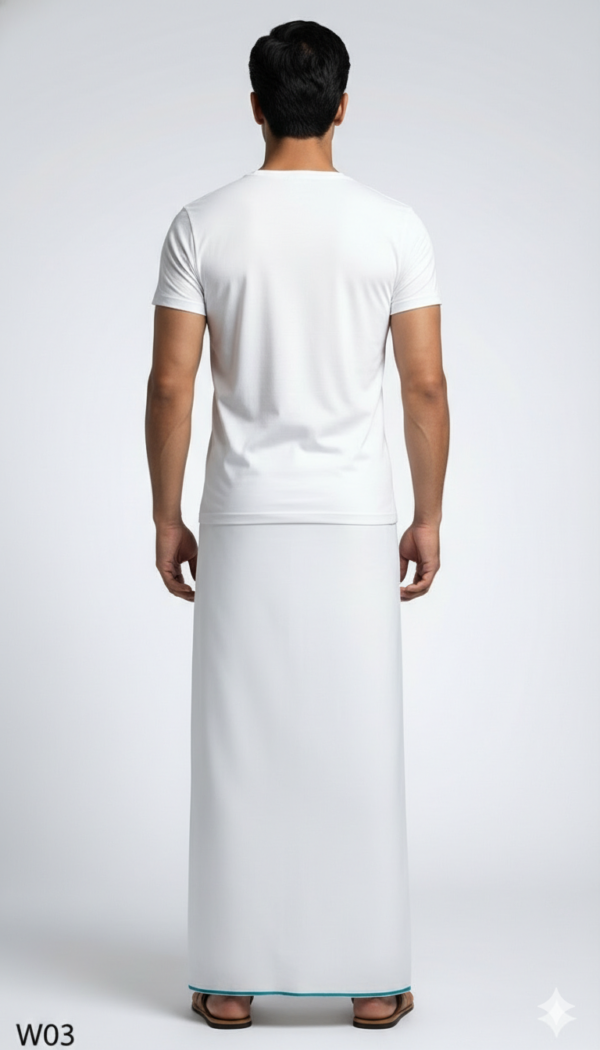 Men's Premium Cotton Lungi - Solid White with Minimalist Border (2.25 Meters) - W03