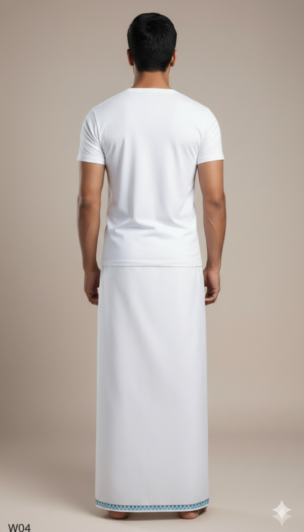 Men's Premium Cotton Lungi - Solid White with Geometric Border (2.25 Meters) - W04