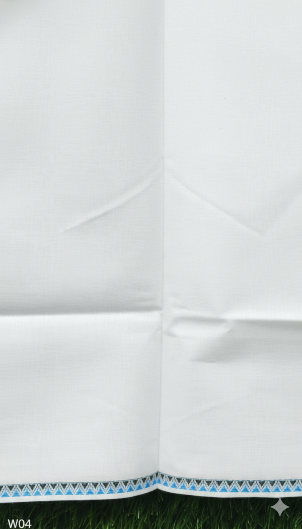 Men's Premium Cotton Lungi - Solid White with Geometric Border (2.25 Meters) - W04