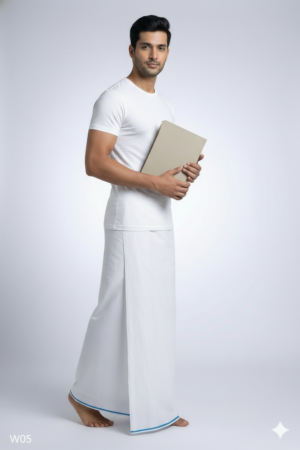 Men's Premium Cotton Lungi - Solid White with Sky Blue Border (2.25 Meters) - W05