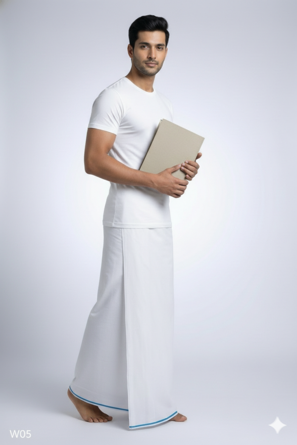 Men's Premium Cotton Lungi - Solid White with Sky Blue Border (2.25 Meters) - W05