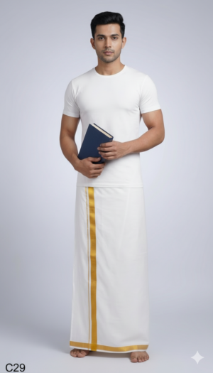 Generated Image February 12, 2026 - 11_43AM Men's Premium Cotton Lungi - Pristine White with Elegant Gold Zari Border (2.25 Meters)