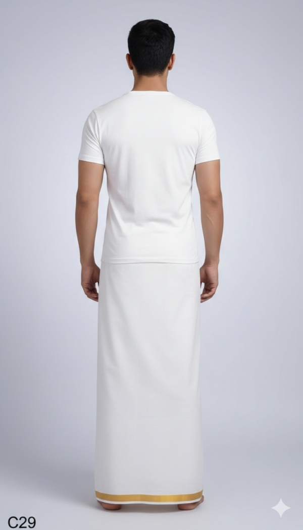 Generated Image February 12, 2026 - 11_45AM Men's Premium Cotton Lungi - Pristine White with Elegant Gold Zari Border (2.25 Meters)
