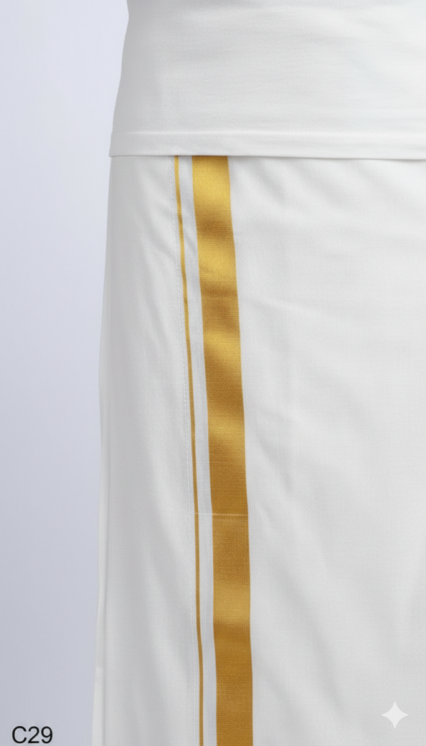 Generated Image February 12, 2026 - 11_49AM Men's Premium Cotton Lungi - Pristine White with Elegant Gold Zari Border (2.25 Meters)
