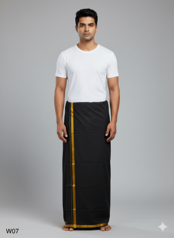Men's Premium Cotton Lungi - Elegant Black with Gold Zari Border (2.25 Meters)