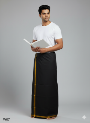 Men's Premium Cotton Lungi - Elegant Black with Gold Zari Border (2.25 Meters)