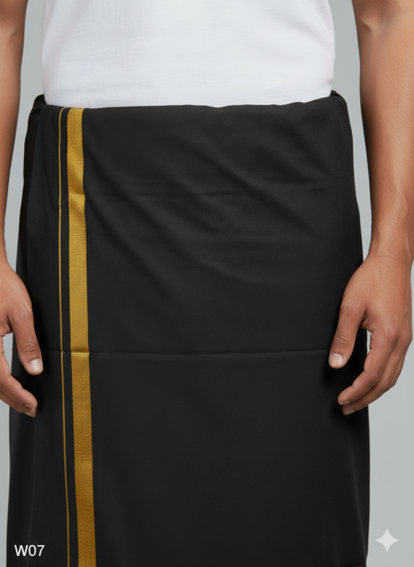 Men's Premium Cotton Lungi - Elegant Black with Gold Zari Border (2.25 Meters)