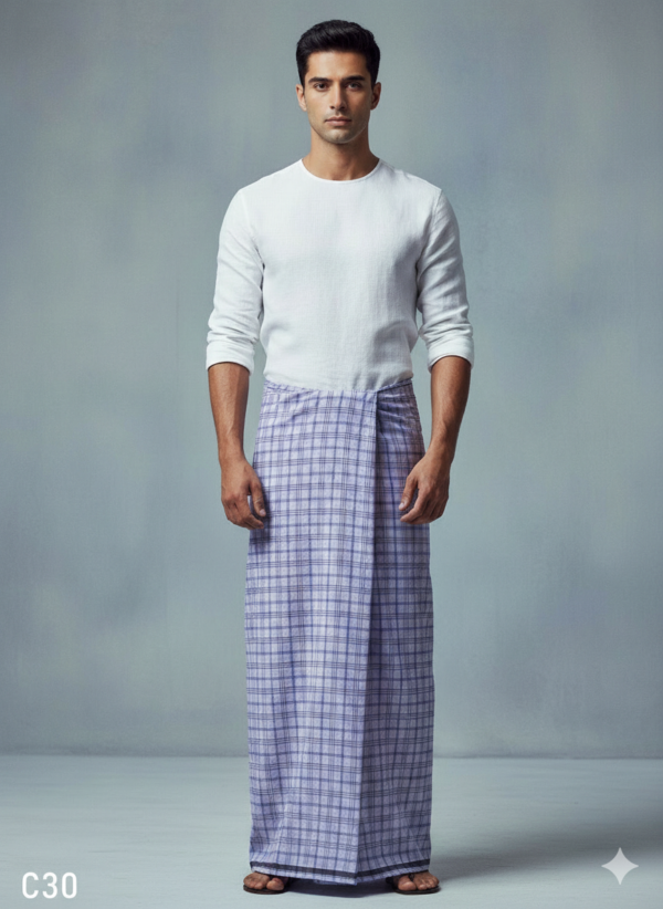 Men's Premium Cotton Lungi - Lavender Checked Pattern (2.25 Meters) - C30
