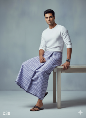 Men's Premium Cotton Lungi - Lavender Checked Pattern (2.25 Meters) - C30