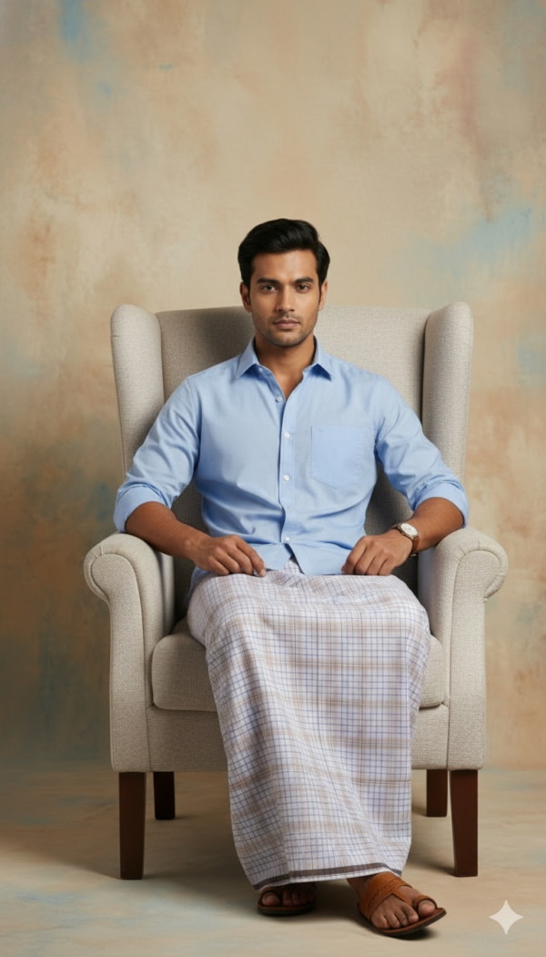 Men's Premium Cotton Lungi - Subtle Beige & Blue Checked Pattern (2.25 Meters) - C31