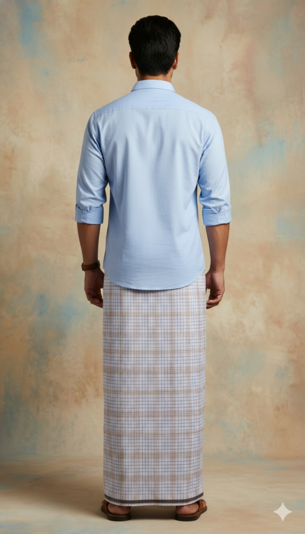 Men's Premium Cotton Lungi - Subtle Beige & Blue Checked Pattern (2.25 Meters) - C31