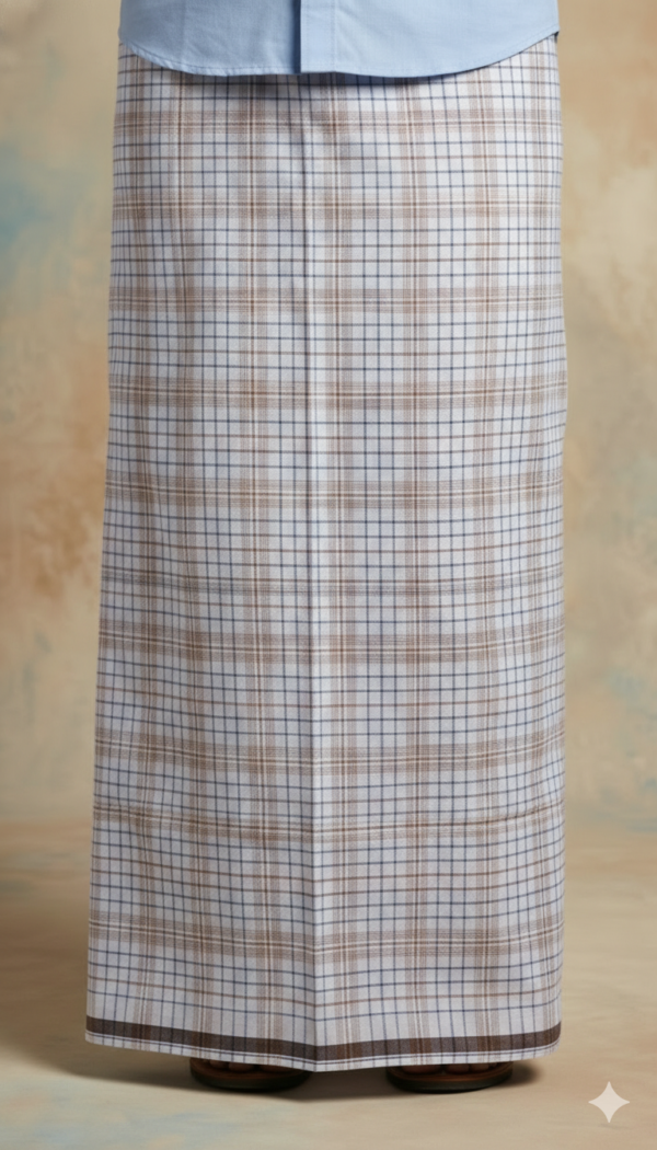 Men's Premium Cotton Lungi - Subtle Beige & Blue Checked Pattern (2.25 Meters) - C31