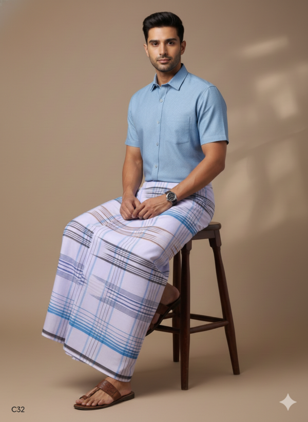 Generated Image February 12, 2026 - 8_01PM Men's Premium Cotton Lungi - Bold Blue & Earthy Brown Multi-Stripes (2.25 Meters) - C32