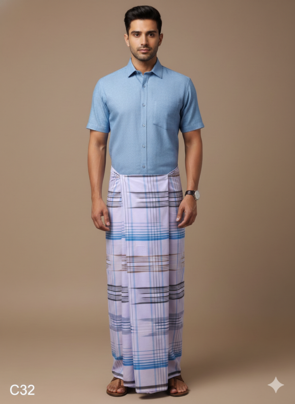 Generated Image February 12, 2026 - 8_03PM Men's Premium Cotton Lungi - Bold Blue & Earthy Brown Multi-Stripes (2.25 Meters) - C32