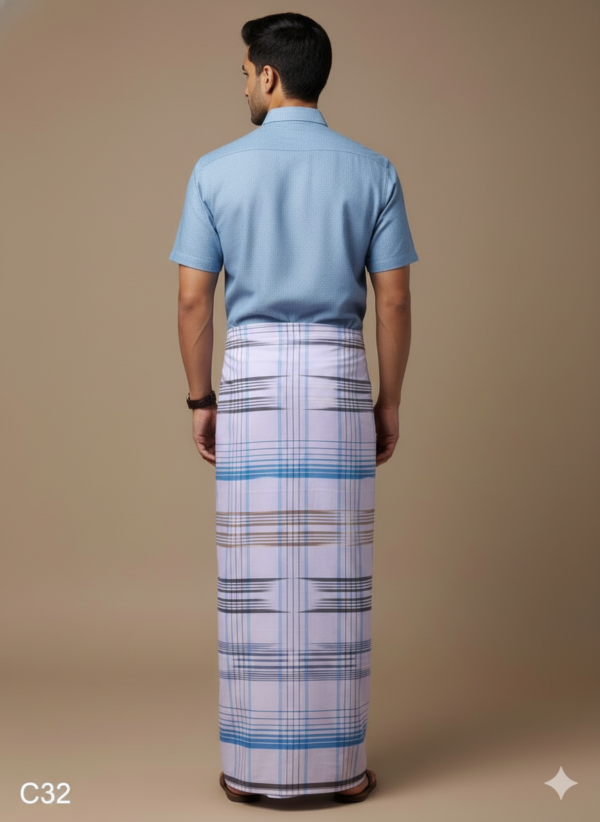 Generated Image February 12, 2026 - 8_16PM Men's Premium Cotton Lungi - Bold Blue & Earthy Brown Multi-Stripes (2.25 Meters) - C32