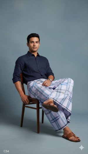 Men's Premium Cotton Lungi - Ocean Blue & Navy Bold Checked Pattern (2.25 Meters) - C34