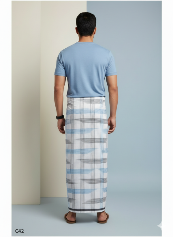 Men's Premium Cotton Lungi - Bold Sky Blue & Charcoal Grid (2.25 Meters) - C43