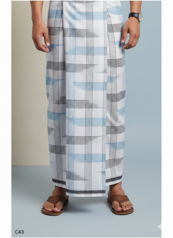 Men's Premium Cotton Lungi - Bold Sky Blue & Charcoal Grid (2.25 Meters) - C43