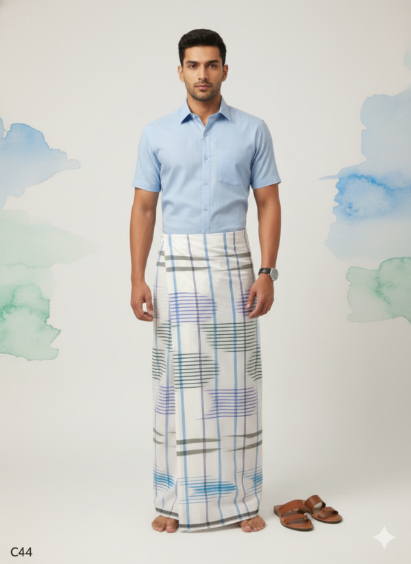 Generated Image February 19, 2026 - 10_17AM Men's Premium Cotton Lungi - Modern Indigo & Slate Grey Checked Pattern (2.25 Meters) - C44