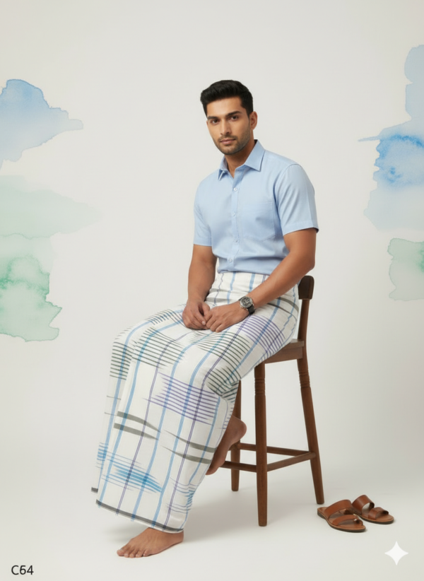 Generated Image February 19, 2026 - 10_19AM Men's Premium Cotton Lungi - Modern Indigo & Slate Grey Checked Pattern (2.25 Meters) - C44